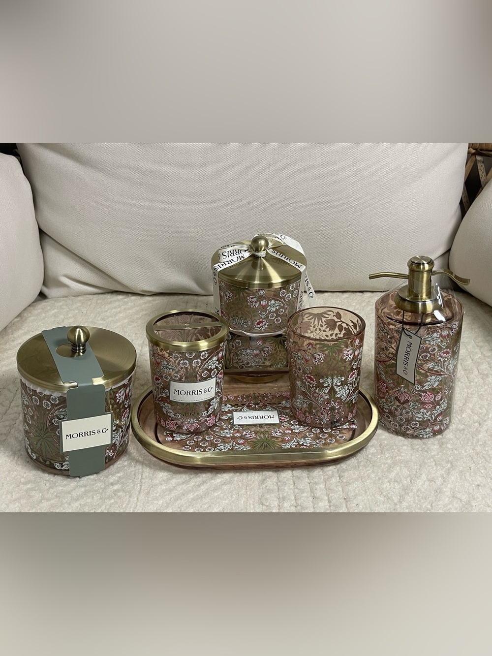 Morris & Co. Floral Bathroom Set - Pink & Gold bathroom accessories set of 6